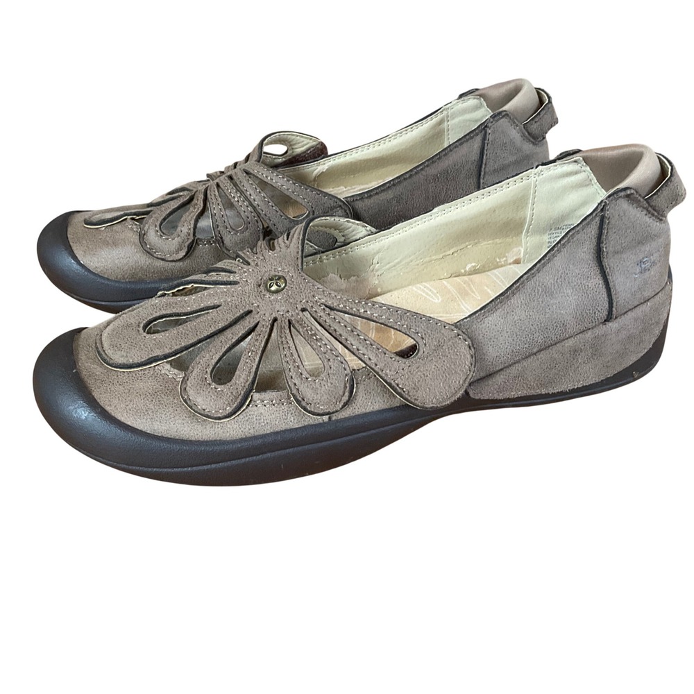 JBU Pearl Eco Vegan Flat Women 7.5M Brown Floral Laser Cut Slip On Shoes